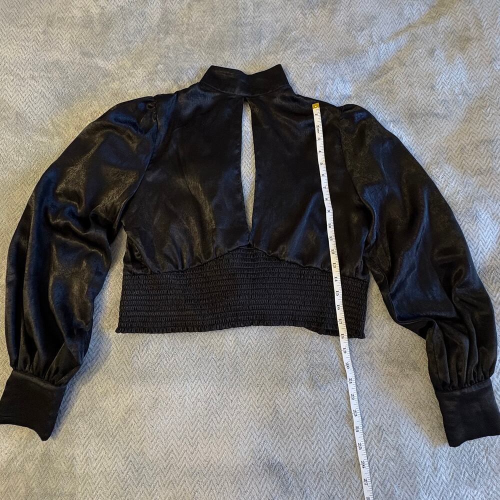 Esley Large Cropped Black Mock Neck Long Puffy Sleeves Low Cut Keyhole Blouse